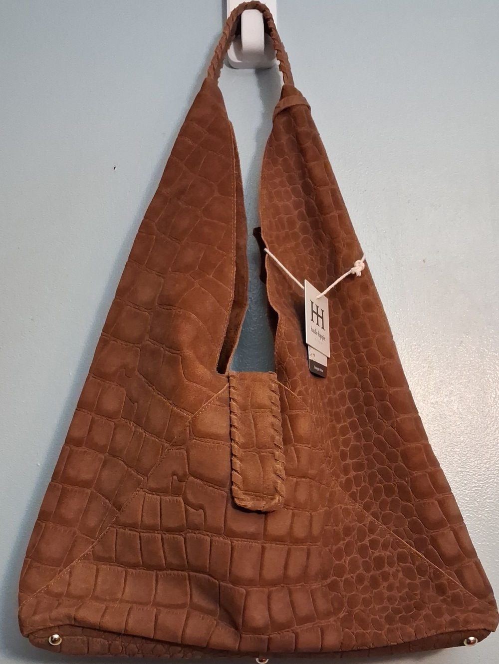 Haute Hippie Medium 100% Suede Brown Crocodile-Embossed Triangle Hobo Bag.